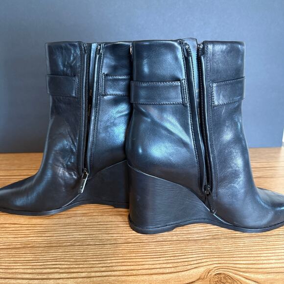Sam Edelman Black Gold Buckle Weslie Leather Wedge Ankle Boots Womens 7 - Picture 7 of 12